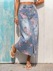 Vivid Eden Women's High Waist Pocketed Floral Pattern Slit Hem Casual Denim Skirt - Blue - View 6