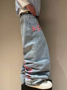 Manfinity Roghcode Casual Chic Peach Blossom Embroidery Design Loose Wide-Leg Jeans - Blue - View 5