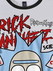 Rick and Morty X SHEIN Men's Casual Fashion Street Cartoon Character & Letter Graphic Contrast Striped Side Loose T-Shirt, Summer - White - View 3