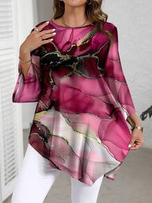 Camisa de manga larga con cuello redondo de talla grande con textura de patrón de mármol de tinta, adecuada para primavera y otoño - Multicolor - Ver 1