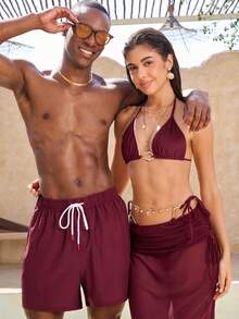 Manfinity VDAYZ 1件男士休闲纯色抽绳腰斜插口袋宽松沙滩短裤，夏季 - 酒紅色 - 查看 2