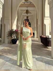 Lumalex 女士优雅绿色不对称领口荷叶边褶皱开衩无袖修身喇叭连衣裙，春夏款 - 綠色 - 查看 6