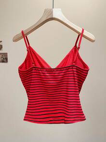 Franclia Women's Striped Knotted Design Casual Versatile Daily Wear Camisole Top, Spring/Summer - Red - View 2
