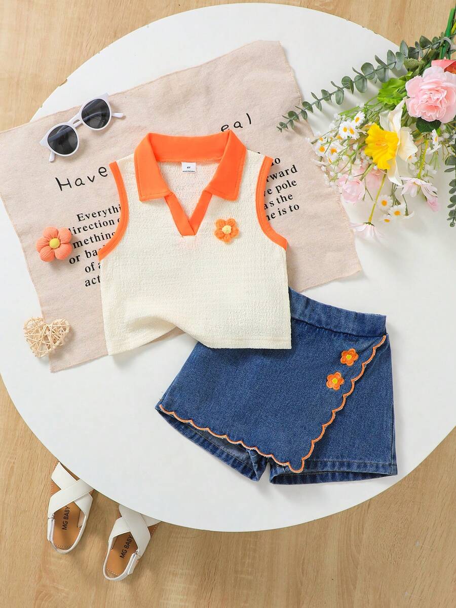 Elladie kids 2件組少女夏季杏色紋理針織領拼接愛心背心上衣與牛仔裙褲,荷葉邊下擺櫻桃刺繡,復古可愛套裝 - 橘色 - 查看 1
