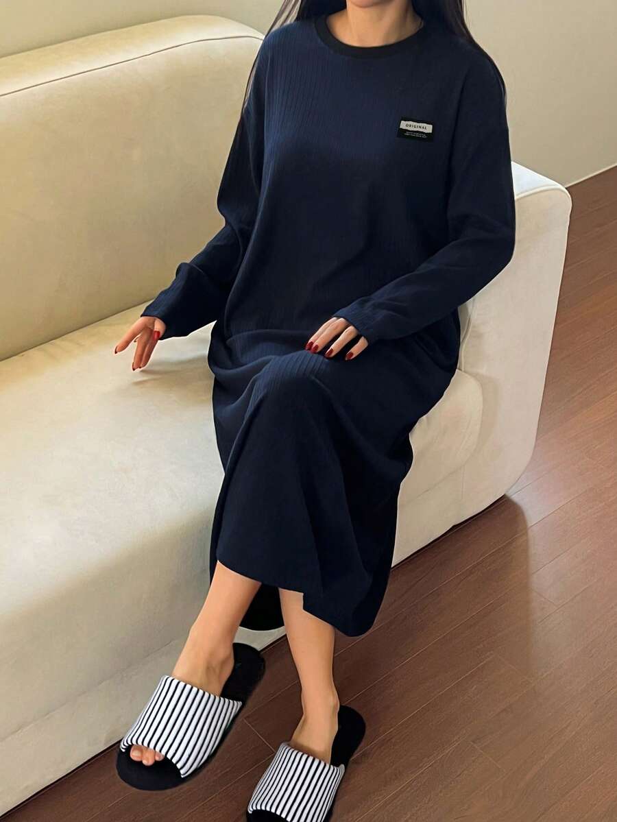 DAZY Women's Loose Fit T-Shirt Dress With Woven Label Decor, Casual Loungewear, Autumn/Winter - Blue - View 1