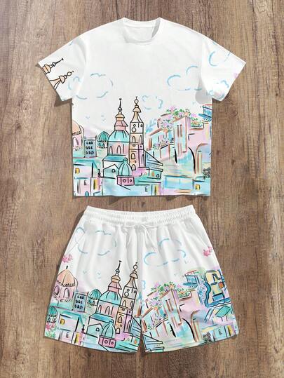 Manfinity Joysei 2pcs/Set Men's Casual Graffiti Print Loose Fit Short Sleeve T-Shirt And Shorts, Summer