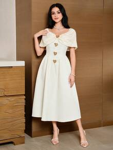 Modelyn Women's Metal Decor Elegant Waist Cinched Midi Party Dress,Summer Dresses For Women - Apricot - View 6