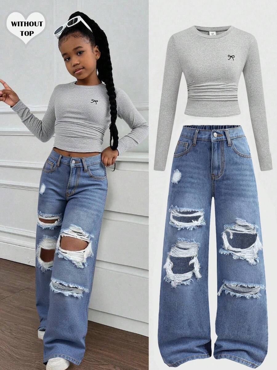 Tween GirlsBlue Distressed Loose Fit Jeans - Medium Wash - View 1