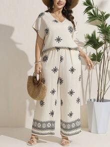Comfylo 2pcs/Set Plus Size Short Sleeve V-Neck T-Shirt And Pants Elegant Women Minimalist And Fashionable For Summer Women Boho/Bohemian Summer Outfits For Women Vacation Outfits Woman Two Pieces Set Women Summer Outfits For Women Two Pieces Set Women Summer New Design 2pcs/Set Plus Size Leisure & Resort Style Fashion Outfit Glamorous Suitable For Summer Modest - Multicolor - View 5