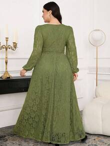 Modelyn Plus Size Elegant Party Solid Color Lace Dress Fall - Green - View 2