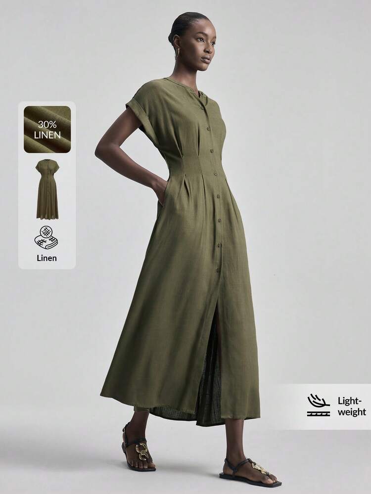 Women's Summer Olive Green Linen Blend Dress,Effortless Chic Long A-Line Dress,Everyday Round Neck Short Sleeve Waist Cinched Modern Urban Dress