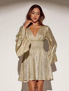 SHEIN ICON 女士外出性感西部音乐会科切拉纯色V领褶皱腰身优雅迷你派对连衣裙 - 金色 - 查看 12