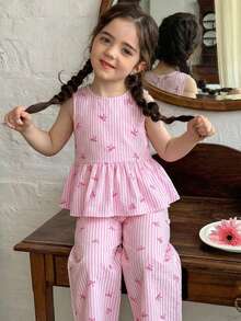 两件套少女碎花背心和宽松休闲裤套装 - 粉色 - 查看 7