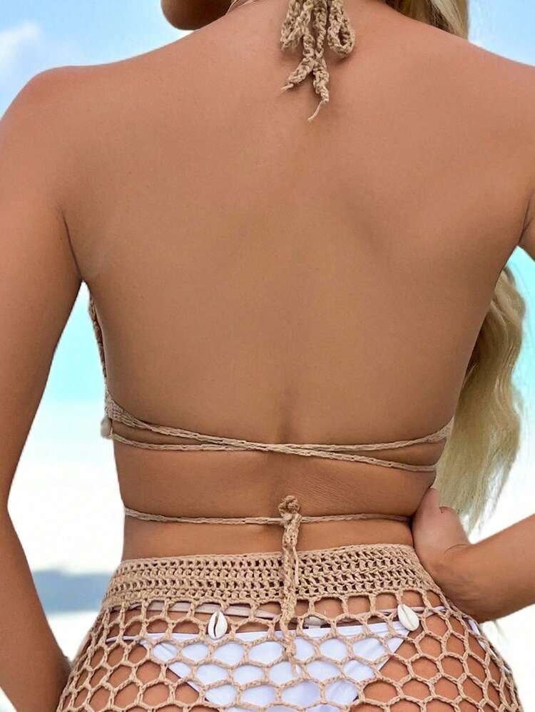 Swim Vcay Summer Beach Shell Detail Crochet Cover Up Skirt Without Bikini - Khaki - View 2