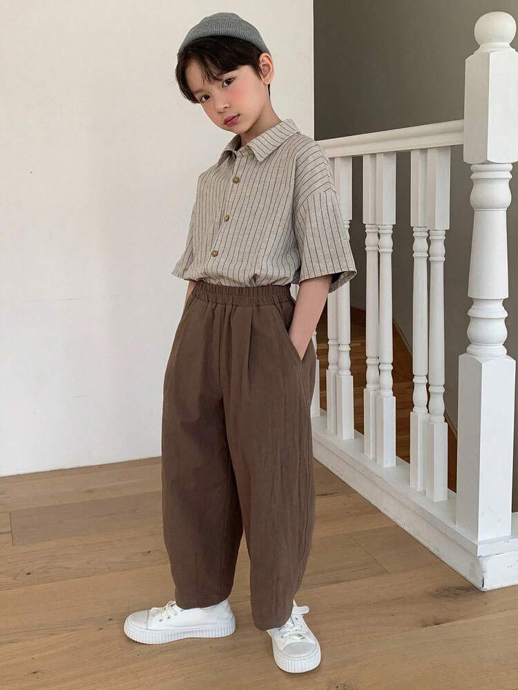 Tween Boy Solid Color Elastic Waist Pockets Loose Tapered Casual Pants