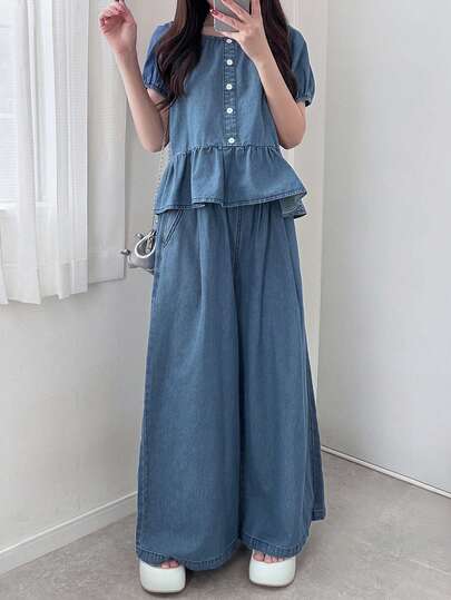 FRIFUL Women's Cotton Petal Sleeve Denim Top And Wide Leg Denim Pants Set