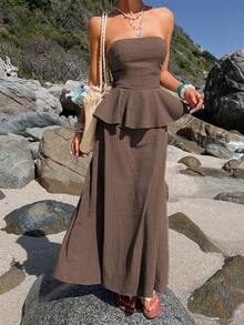 DAZY Brown Dress, Elegant Fitted Waist Casual Vacation Dress, Suitable For Spring, Summer, Valentine's Day, Wedding, Beach Sundress - Coffee - View 5