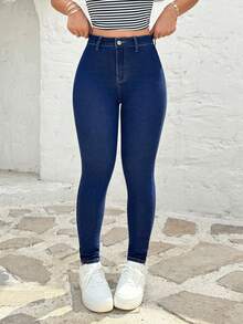 SHEIN 女士时尚休闲百搭修身修腿牛仔裤 - 深色水洗藍 - 查看 1