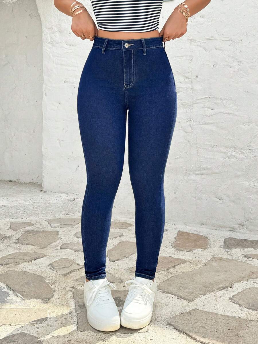 SHEIN 女士时尚休闲百搭修身修腿牛仔裤 - 深色水洗藍 - 查看 1