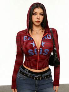 INAWLY Plus Size Women Striped Letter Print Zip-Up Casual Versatile Daily Wear Long Sleeve Sweatshirt - Red - View 6