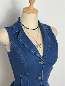 Elamini 女士休闲翻领单排扣牛仔夹克，日常百搭 - 深色水洗藍 - 查看 3