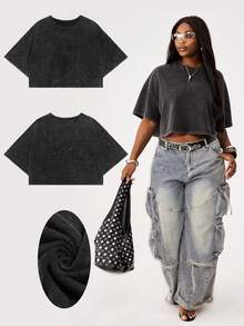 Coolane 女士加大码夏季宽松版型，包容性尺码，街头风落肩水洗黑色短款T恤，外出上衣 - 黑色 - 查看 4