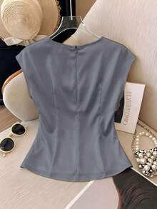 Franclia Áo kiểu nữ thanh lịch cổ tròn, thắt eo, tay ngắn xếp ly, màu hồng đào nhạt, đa năng. - Màu Xám nhạt - Xem 2