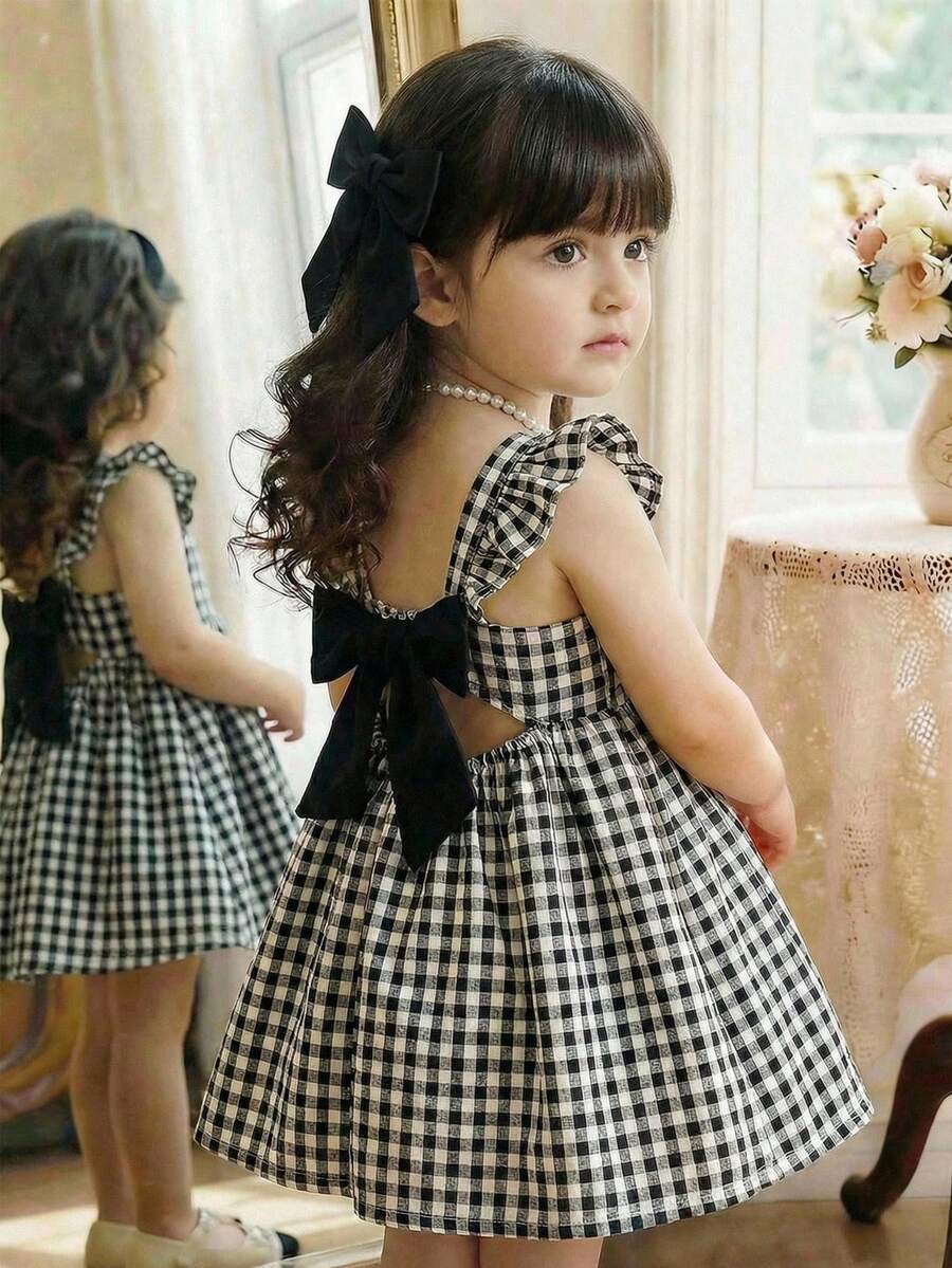 Babygirl Cute Vacation Casual Plaid Ruffle Bow Tie Dress - Multicolor - View 1