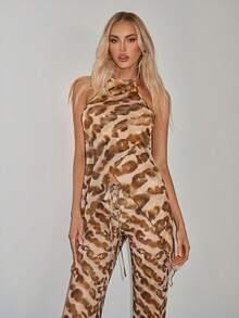 SHEIN ICON Women's Y2K Going Out Sexy Party Gown For Prom Night Club Concert Gyaru All-Over Print Slit Hem Halter Neck Camisole,Summer - Multicolor - View 3