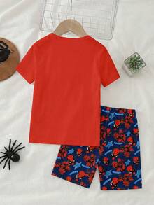 Set Piyama Anak Laki-Laki 2pcs/Set: Atasan dan Celana Pendek Lengan Pendek Leher Bulat Motif Superhero Kasual Nyaman Bahan Rajut Lembut Elastis - MultiWarna - View 2