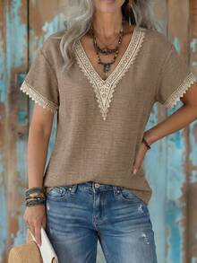 EMERY ROSE Women's V-Neck Casual Versatile Daily Wear Short Sleeve Shirt - Grey - View 3