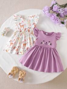 SHEIN 2pcs/Set Baby Girls' Summer Dress, Purple Sleeveless Cotton Dress With Cute Cat Face & Forest Animal Prints - Purple - View 3