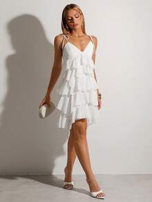 BiaLiraa 夏季海边度假纯色浅粉色节日连衣裙荷叶边雪纺蛋糕裙吊带裙音乐节服装乡村音乐节服装演唱会服装返校服装婚礼伴娘服 - 白色 - 查看 5