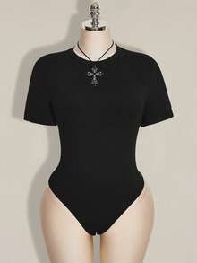 SHEIN ICON 女士加大码春夏复古性感时尚个性现代都市前卫大胆千禧风Y2K龙纹植绒网眼拼接黑色针织修身连体衣 - 黑色 - 查看 3