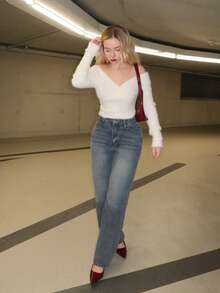 Turnttoni 女士時尚高腰簡約設計直筒寬腳牛仔褲 - 深色水洗藍 - 查看 1