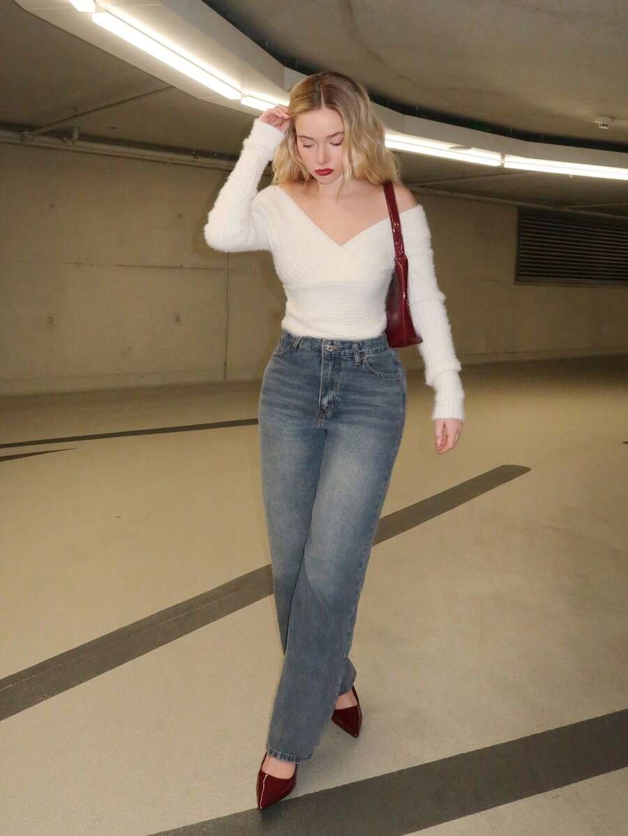 Turnttoni 女士時尚高腰簡約設計直筒寬腳牛仔褲 - 深色水洗藍 - 查看 1