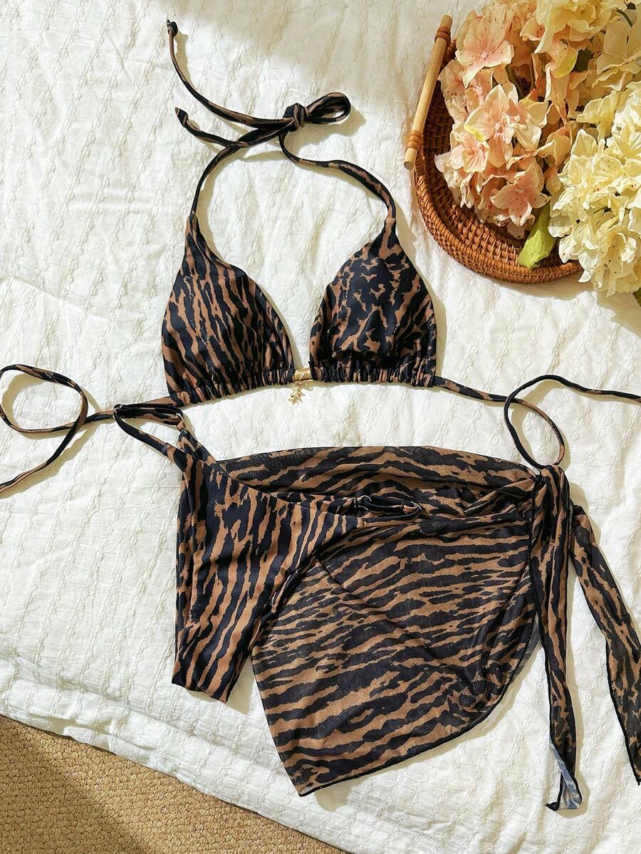 Swim Vcay 女士随机印花露背金属装饰迷你裙三件套比基尼套装，春夏款 - 彩色 - 查看 1