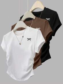 INAWLY 3件套女士夏季上衣，黑、白、棕三色组合，适合办公和休闲场合，运动风格，修身腰部T恤，蝴蝶印花图案 - 彩色 - 查看 1