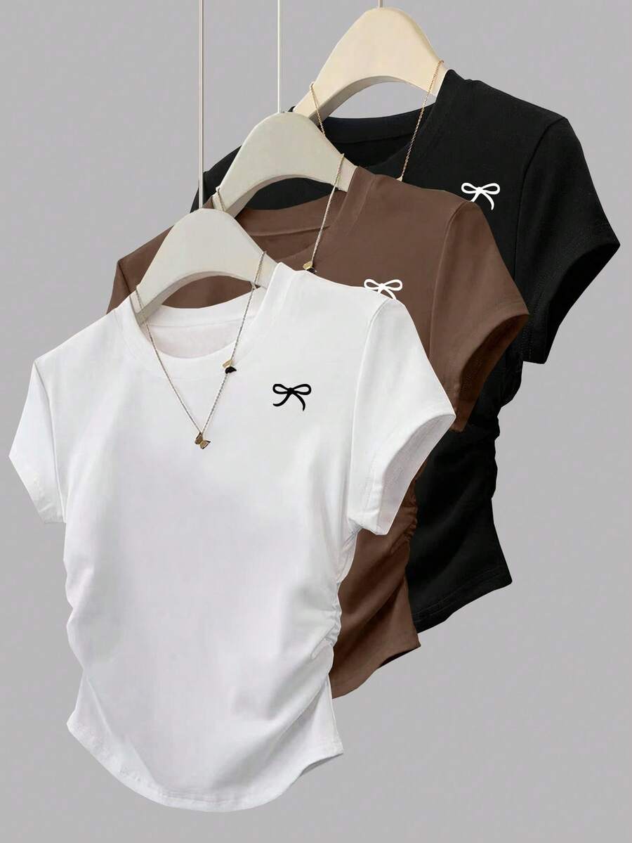 INAWLY 3件套女士夏季上衣，黑、白、棕三色组合，适合办公和休闲场合，运动风格，修身腰部T恤，蝴蝶印花图案 - 彩色 - 查看 1