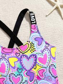 SHEIN Tween Girls Heart Print One-Piece Swimsuit, Suitable For Vacation In Summer - Multicolor - View 3