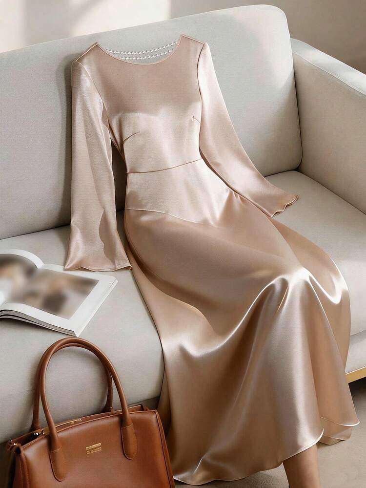 Women's Elegant Solid Color Backless Pearl Chain Long Dress, Spring/Summer Wedding Guest Dress Maxi Dress Sundress