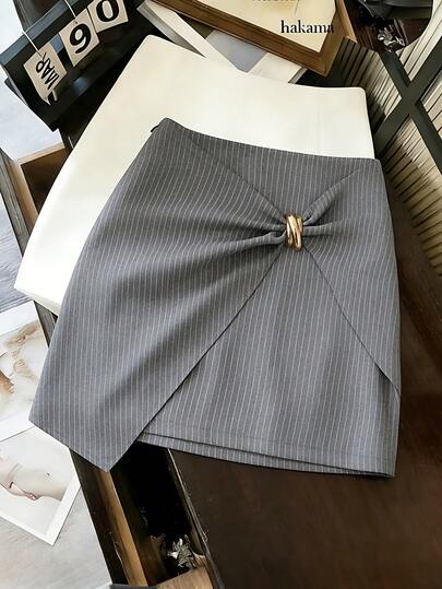 Franclia Chân váy ngắn nữ thanh lịch màu xám sọc, trang trí kim loại, thích hợp cho công sở, mùa xuân/hè.