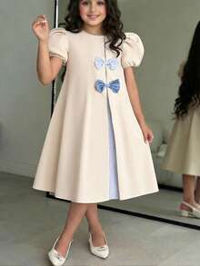 SHEIN 少女編織純色拼接條紋蝴蝶結裝飾A字洋裝，適合旅行、度假、鄉村風、休閒度假風、波希米亞風 - 卡其色 - 查看 1