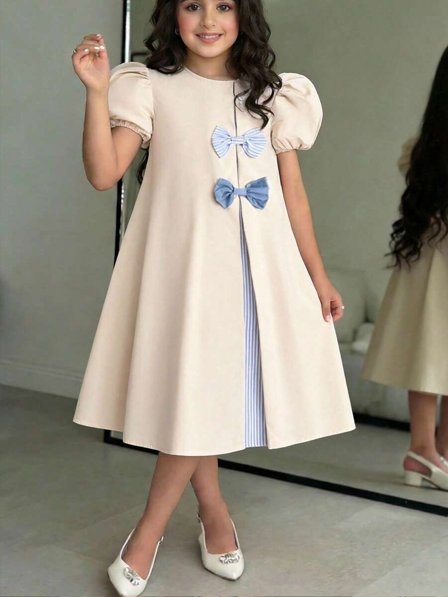SHEIN 少女編織純色拼接條紋蝴蝶結裝飾A字洋裝,適合旅行、度假、鄉村風、休閒度假風、波希米亞風 - 卡其色 - 查看 1