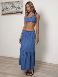 Sunnyshic Women's Casual Vacation Denim Crop Top And Mini Skirt Set - Blue - View 7