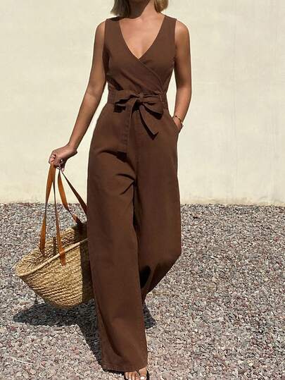 Livesso Women's Vacation Casual Solid Color Sleeveless Denim Jumpsuit