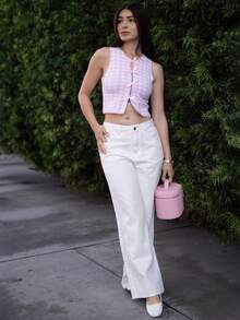 Andrea Bello 女式休闲 Y2K 格子印花蝴蝶结针织毛衣 - 粉色 - 查看 5