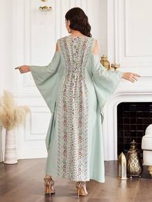 Al Najma Vestido árabe elegante de mujer con estampado geométrico, hombros descubiertos, suelto y con abertura, otoño - Multicolor - Ver 8