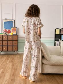 Chillnights Starry Sky Unicorn Print Ruffle Collar Short Sleeve Women Pajama Set - Multicolor - View 2