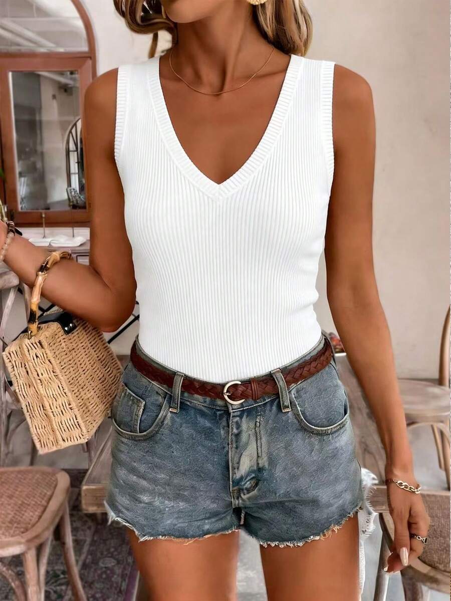 Selamara Camiseta de tirantes acanalada elegante y de moda con cuello en V para mujer - Blanco - Ver 1